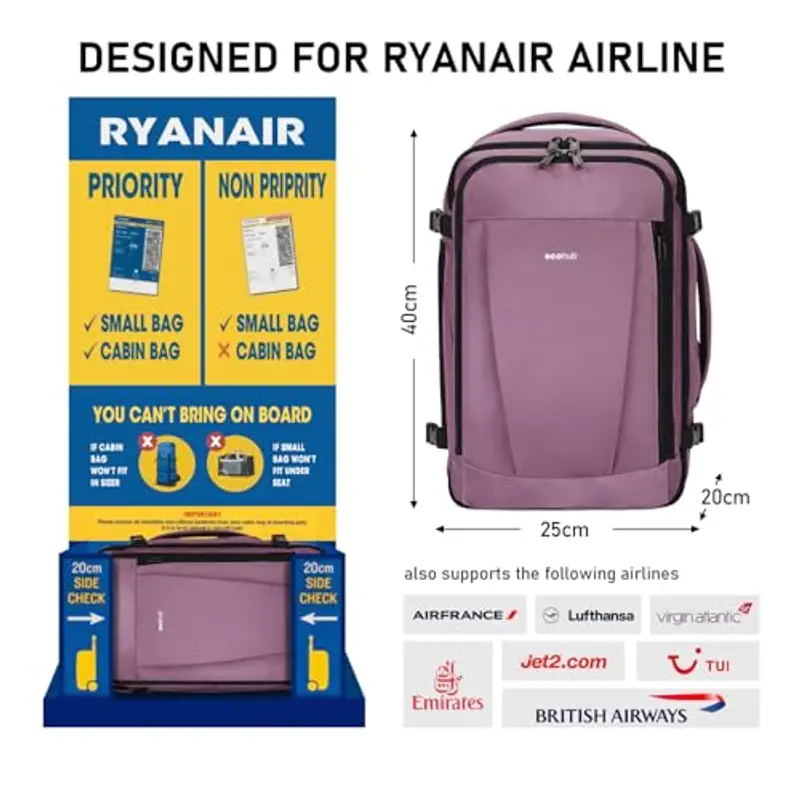 ECOHUB Zaino Ryanair 40x20x25 da Viaggio 13 Tasche Bagaglio a Mano Valigia Sotto il Sedile Maniglia Borsa Aereo Ecologica in PET Riciclato da 20 Litri, Brevettato(Rosa) miniatura 3