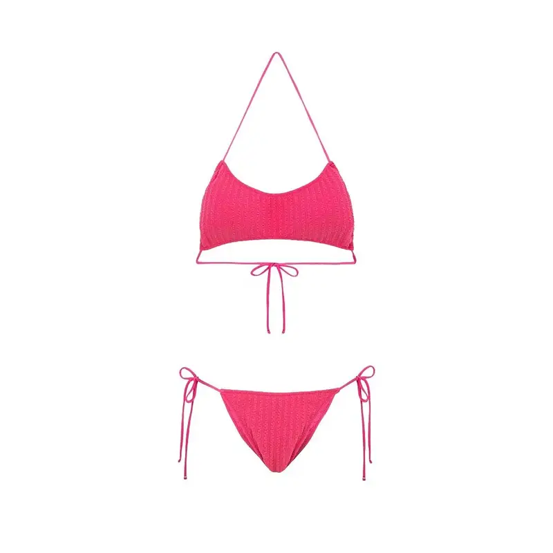 Bikini Fascia con Slip Regolabile Goffrato Rigato Fucsia Donna XS