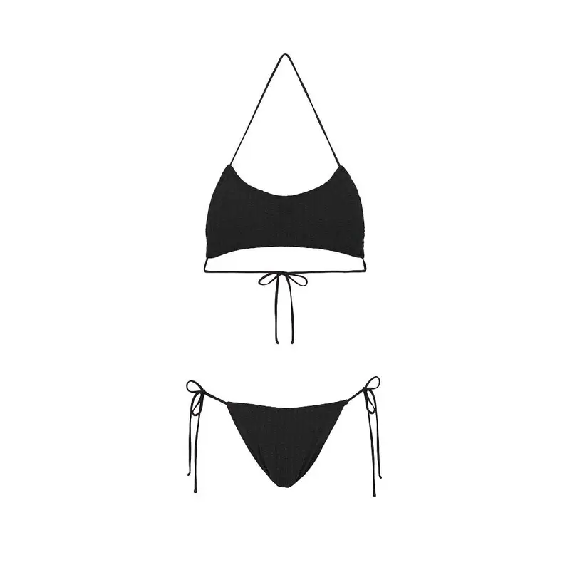 Bikini Fascia con Slip Regolabile Goffrato Rigato Nero Donna XS