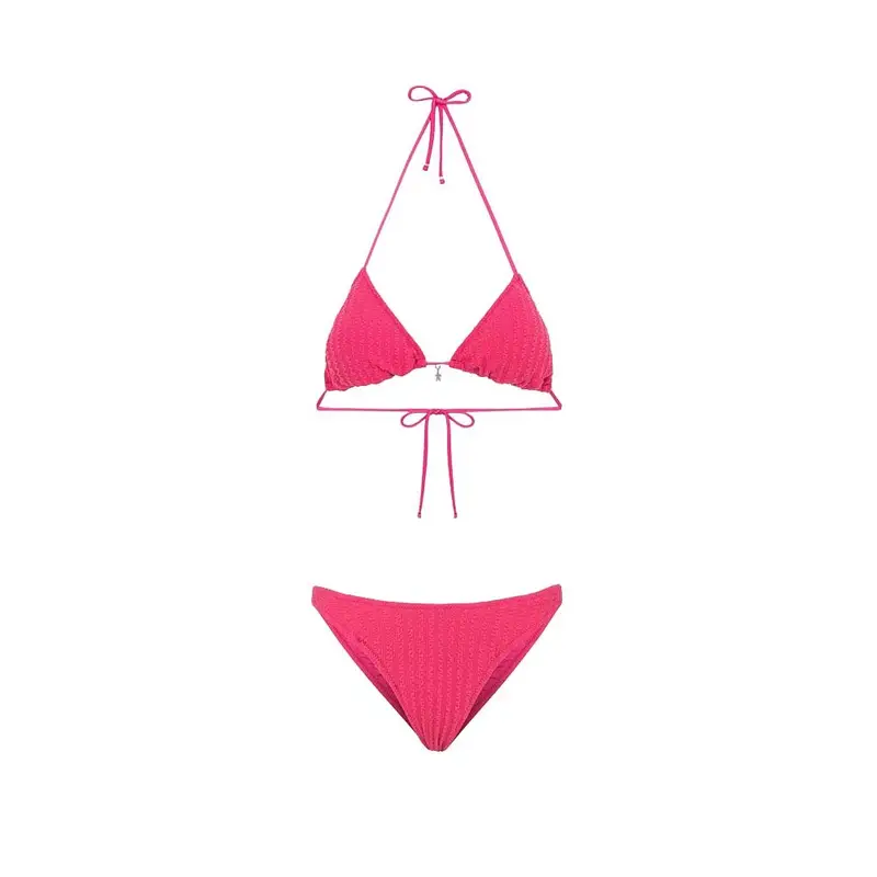 Bikini Triangolo con Slip Americano Fisso Goffrato Rigato Fucsia Donna S
