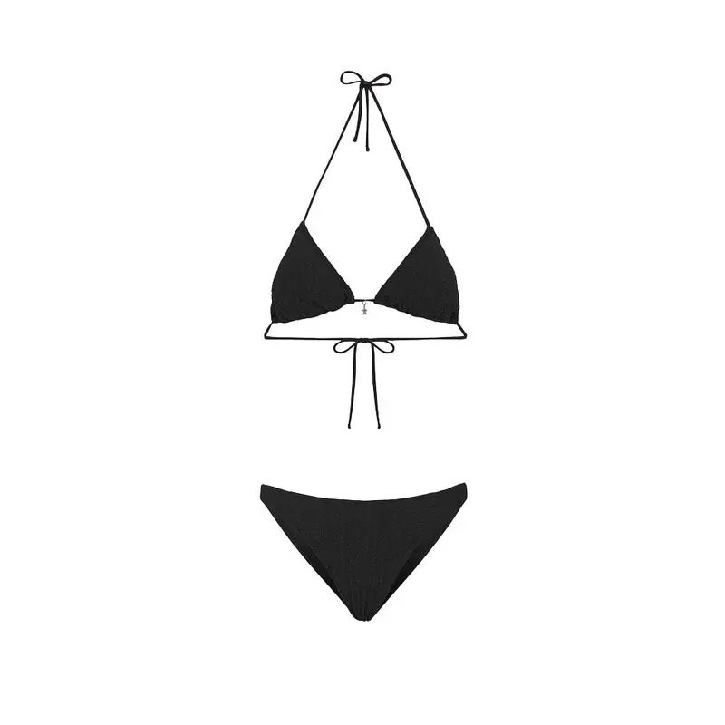 Bikini Triangolo con Slip Americano Fisso Goffrato Rigato Nero Donna S
