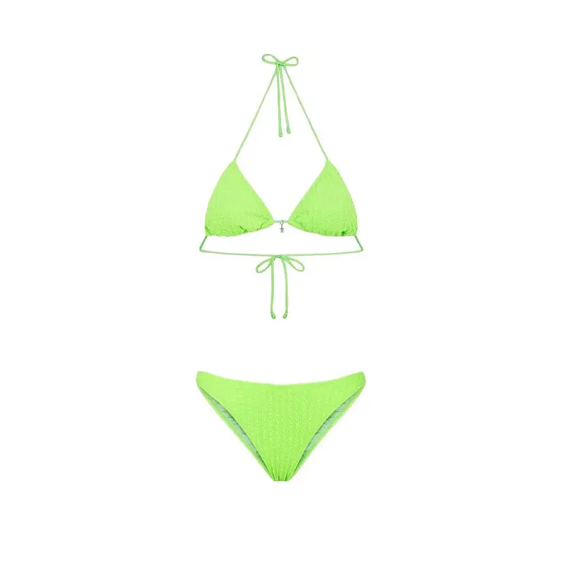 Bikini Triangolo con Slip Americano Fisso Goffrato Rigato Verde Fluo Donna M