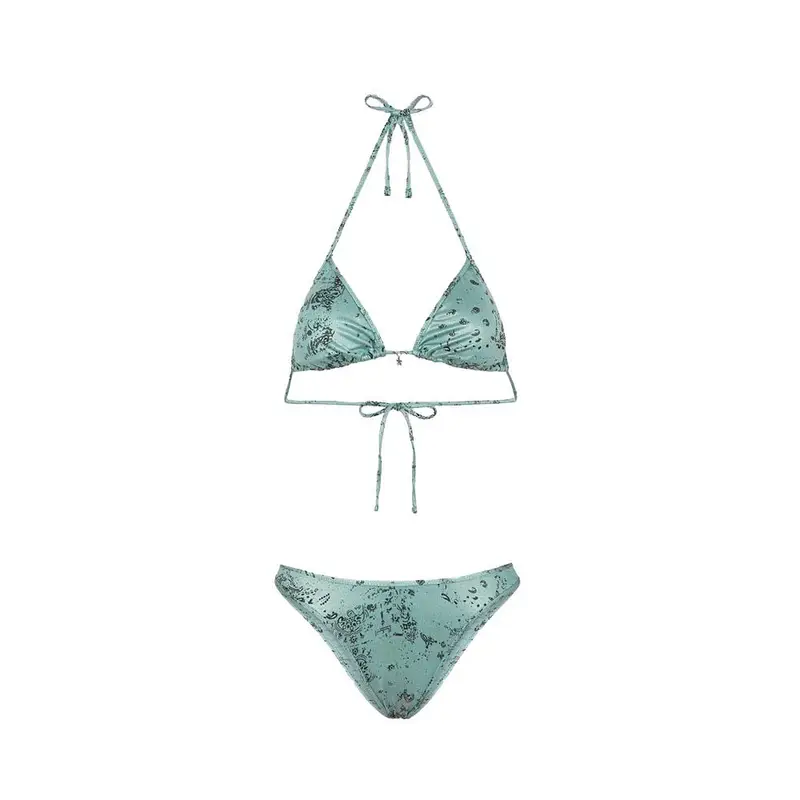 Bikini Triangolo con Slip Americano Fisso Jersey Fantasia Verde Donna XS