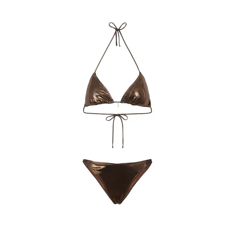 Bikini Triangolo con Slip Americano Fisso Jersey Laminato Marrone Donna S