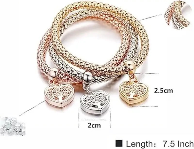 EHIOG 3 pezzi Braccialetto di fascino delle donne, Albero Della Vita Braccialetto, Realizzato in acciaio inossidabile, è un ottimo regalo per mamme e insegnanti(Oro rosa, oro, argento) miniatura 2