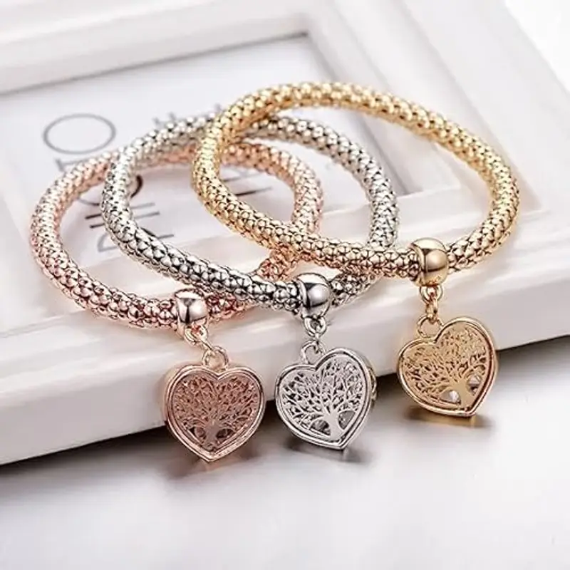 EHIOG 3 pezzi Braccialetto di fascino delle donne, Albero Della Vita Braccialetto, Realizzato in acciaio inossidabile, è un ottimo regalo per mamme e insegnanti(Oro rosa, oro, argento) miniatura 3
