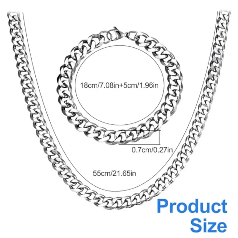 EIHI Collana e Bracciale in Acciaio Inossidabile, Catena da Uomo in Argento, Ragazzi, Set Collana e Bracciale Largo 8 mm, Ragazzi e Ragazze miniatura 2