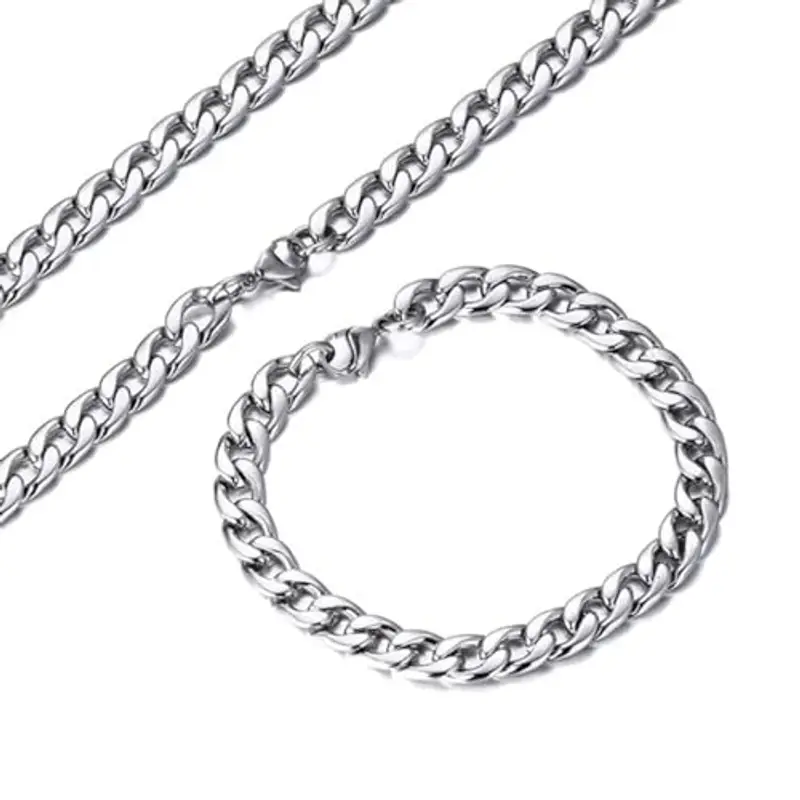 EIHI Collana e Bracciale in Acciaio Inossidabile, Catena da Uomo in Argento, Ragazzi, Set Collana e Bracciale Largo 8 mm, Ragazzi e Ragazze miniatura 3