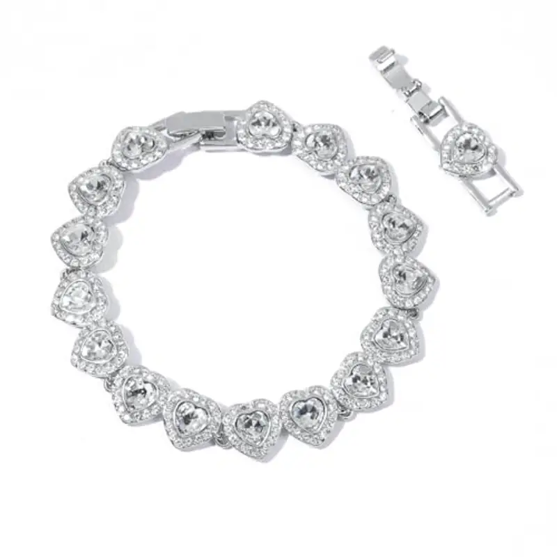 Elegante braccialetto a forma di cuore, in lega placcata in oro bianco 18 carati, 17-19 cm (regolabile), ciondolo a forma di cuore con cristalli scintillanti, gioiello romantico per donne, San