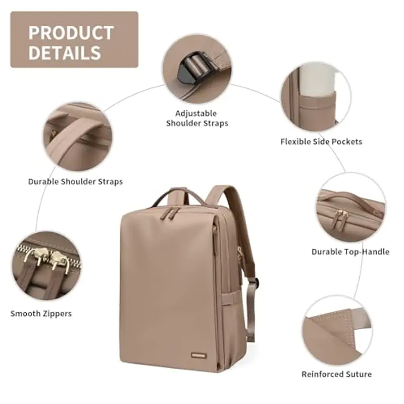 Elegante Zaino per Laptop da Donna Approvato Dalla Compagnia Aerea Perfetto per il Lavoro, l'università e i Viaggi Zaino Multifunzionale Casual Adatto a Notebook da 15, 6 Pollici (Champagne) miniatura 3