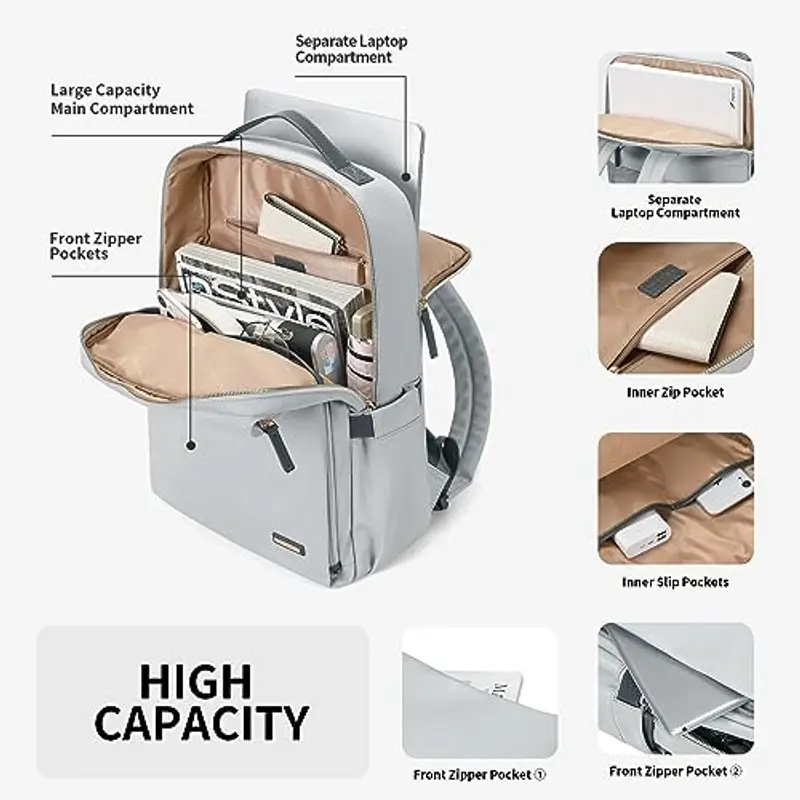 Elegante Zaino per Laptop da Donna Approvato Dalla Compagnia Aerea Perfetto per il Lavoro, l'università e i Viaggi Zaino Multifunzionale Casual Adatto a Notebook da 15, 6 Pollici (Grigio Pallido) miniatura 2