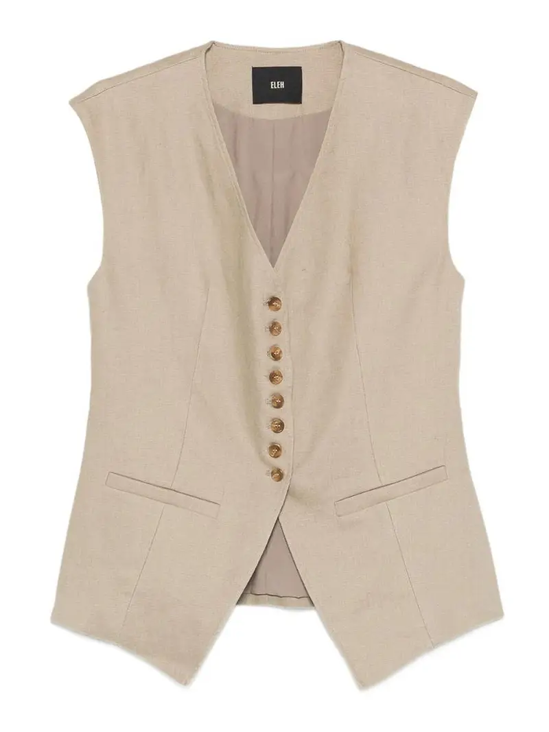 Gilet Con Scollo A V In Lino Beige