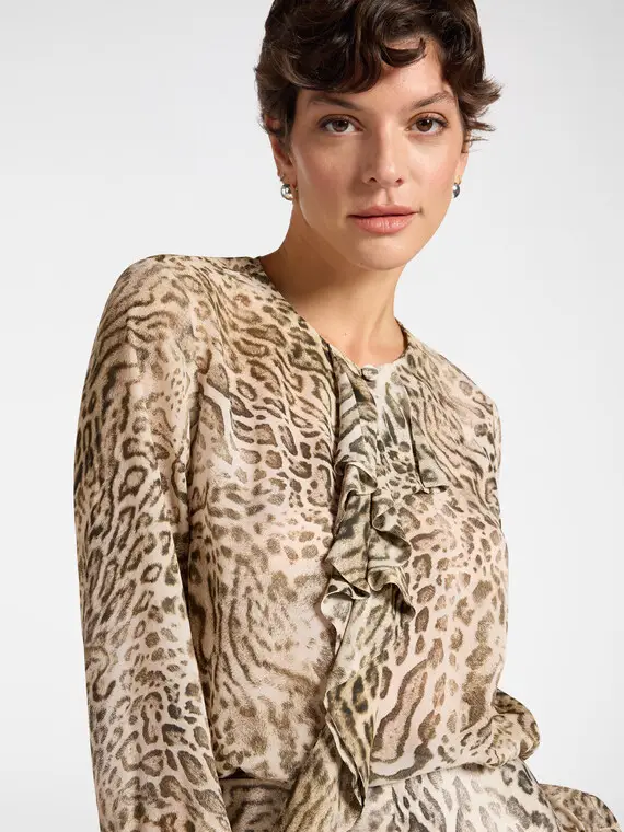 Blusa animalier con jabot Donna, Beige miniatura 3
