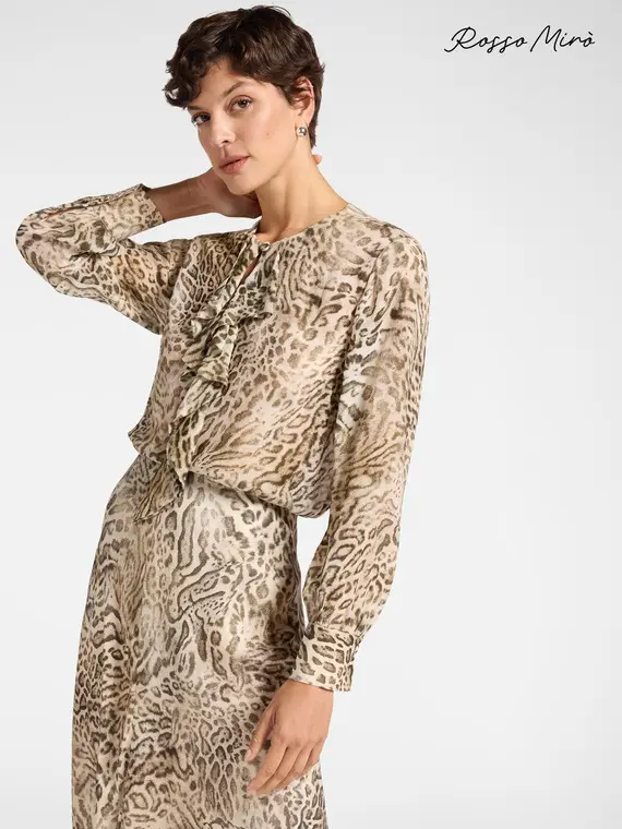 Blusa animalier con jabot Donna, Beige