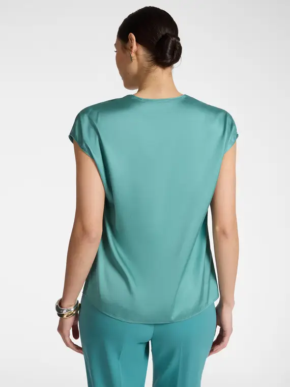 Blusa in raso con scollo a V Donna, Verde acqua miniatura 2