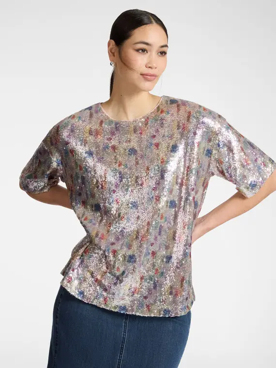 Blusa in tulle con paillettes Donna, Grigio (42 IT)