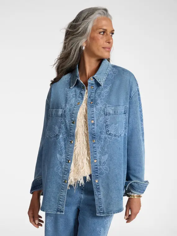 Camicia floreale in denim Donna, Azzurro