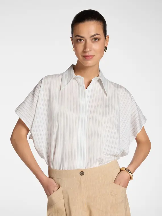 Camicia gessata con maniche corte Donna, Bianco