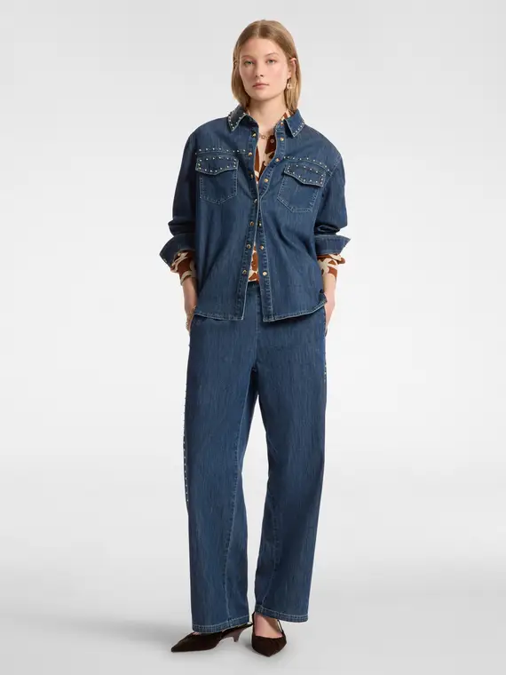 Camicia in denim con borchie Donna, Blu miniatura 3