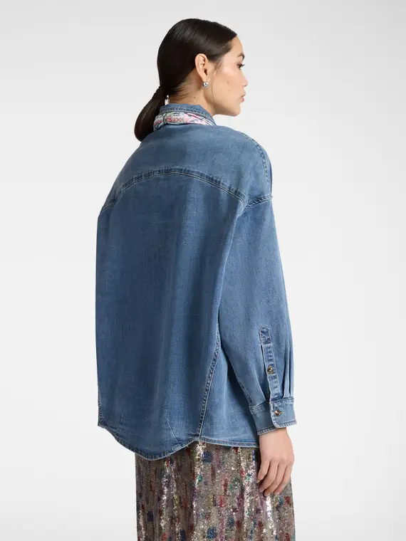 Camicia in denim washed con foulard Donna, Blu miniatura 2
