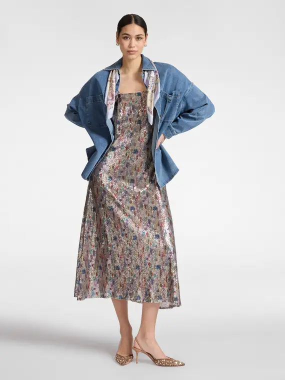 Camicia in denim washed con foulard Donna, Blu miniatura 3