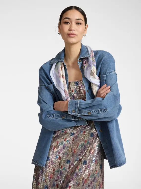 Camicia in denim washed con foulard Donna, Blu