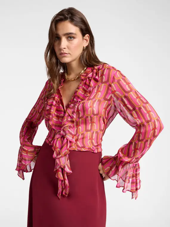Camicia stampata con volants Donna, Fucsia