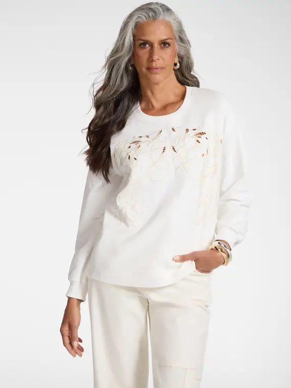 Felpa in cotone ricamata Donna, Bianco (50 IT)