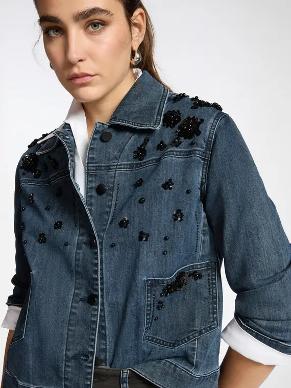 Giacca boxy in denim con ricami Donna, Blu miniatura 3