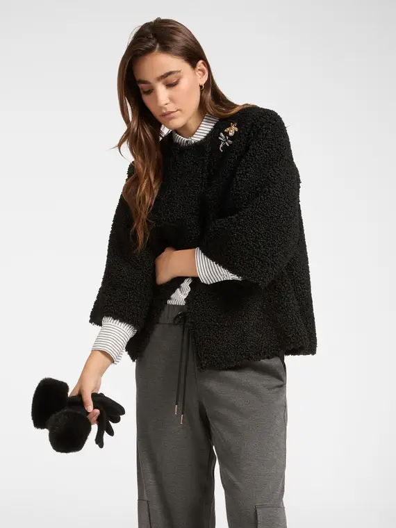 Giacca in tessuto peluche con spille Donna, Nero (42 IT)