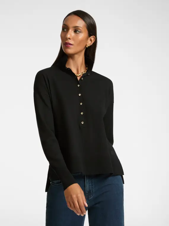 Maglia con colletto e bottoni Donna, Nero (44 IT) miniatura 2