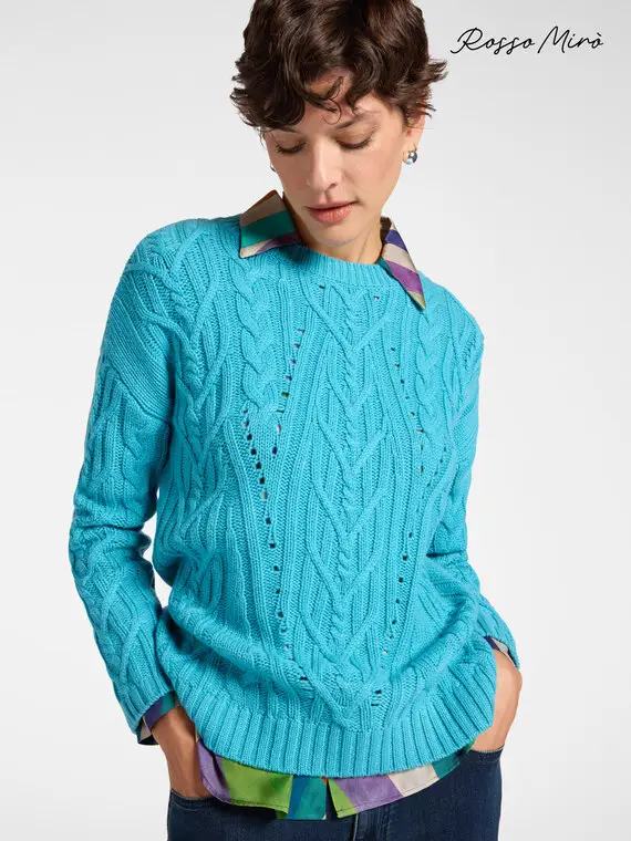Maglia in lana con lavorazione trecce Donna, Azzurro (50 IT)