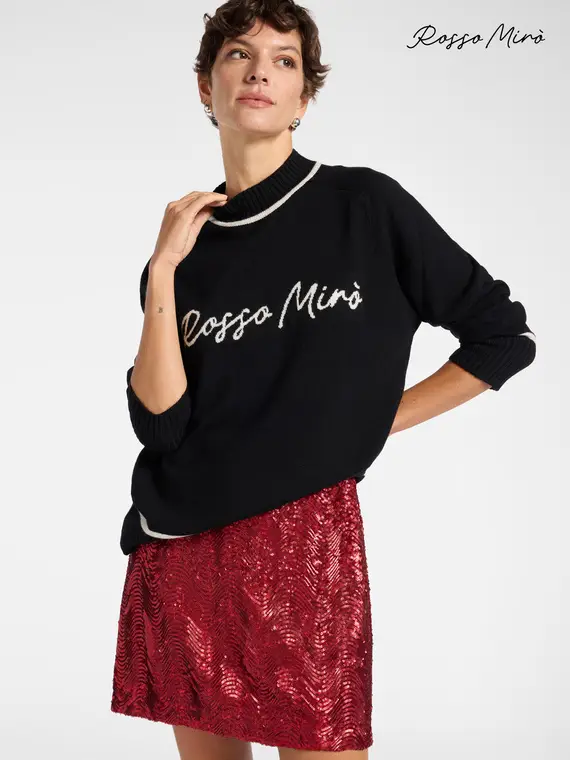 Maglia in lana con scritta jacquard Donna, Nero (46-48 IT)