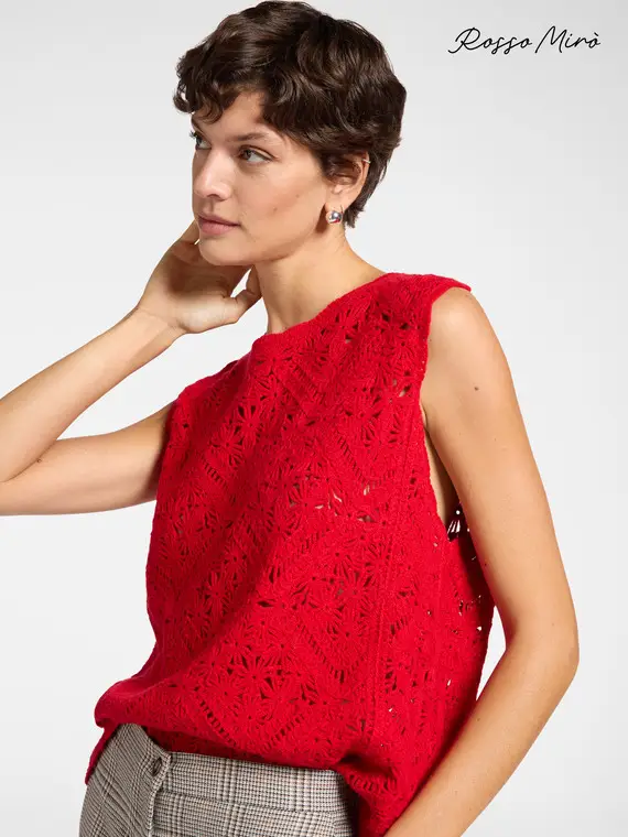 Maglia in punto pizzo senza maniche Donna, Rosso (50 IT)