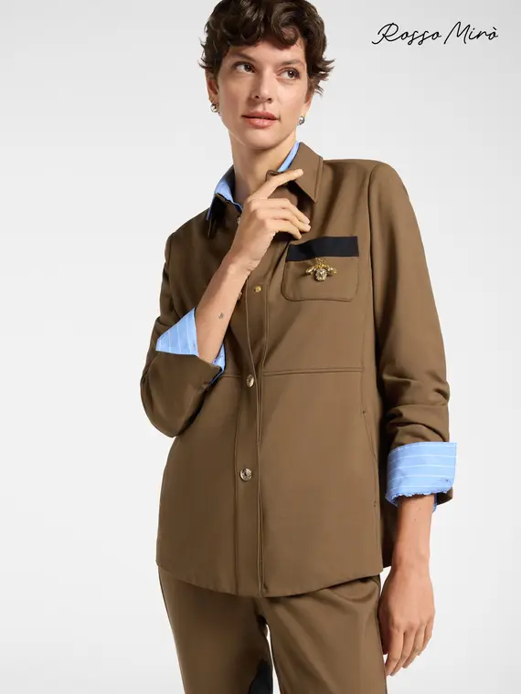 Over shirt in punto Milano con spilla Donna, Marrone
