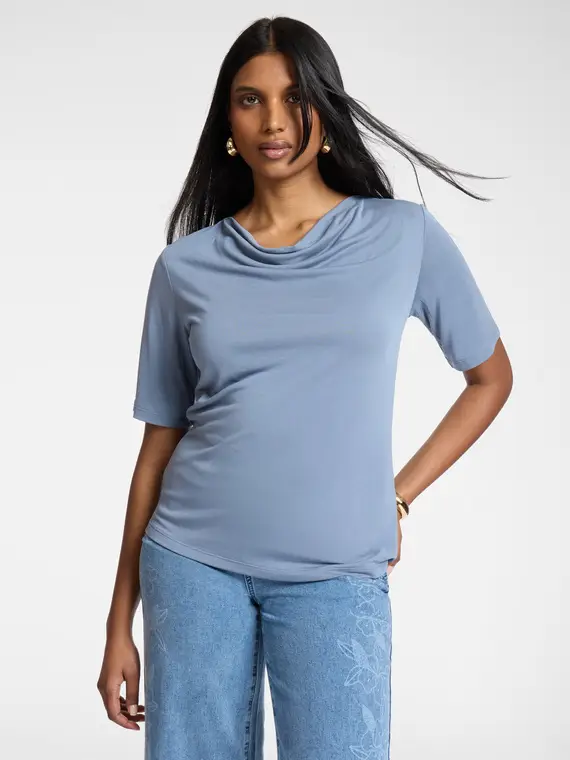 T-shirt con scollo drappeggiato Donna, Azzurro (46-48 IT)