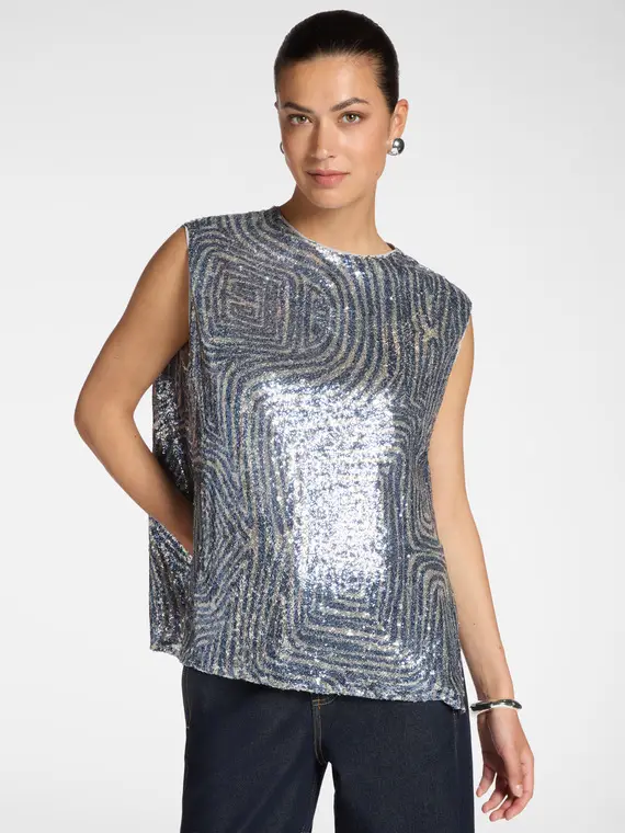 Top in tulle con paillettes Donna, Grigio