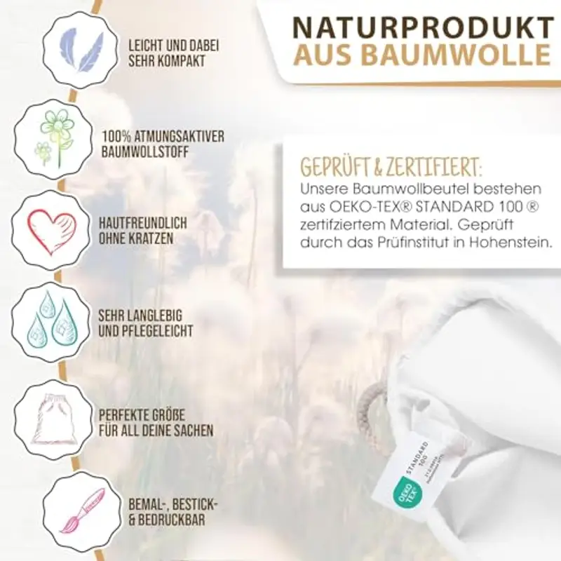 ELES VIDA Sacca sportiva in cotone, 21 x 29 cm, zaino in tessuto, sacchetto di cotone, sacchetto di iuta, certificato Oeko-TEX®, per uomo e donna, bianco, 21 x 29 cm miniatura 3