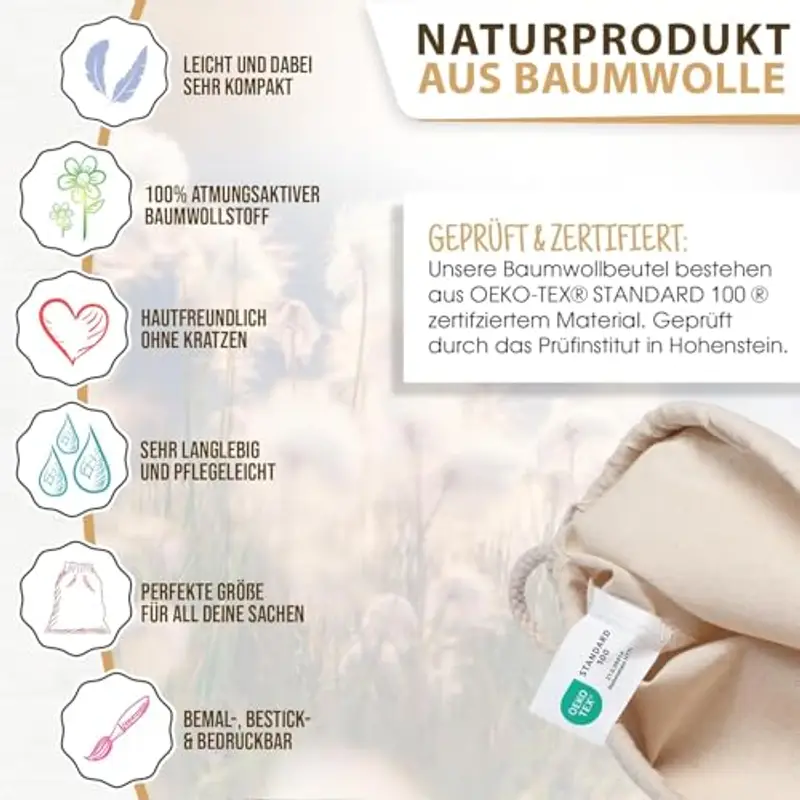 ELES VIDA Sacca sportiva in cotone, 21 x 29 cm, zaino in tessuto, sacchetto di cotone, sacchetto di iuta, certificato Oeko-TEX®, per uomo e donna, naturale, 21 x 29 cm miniatura 2