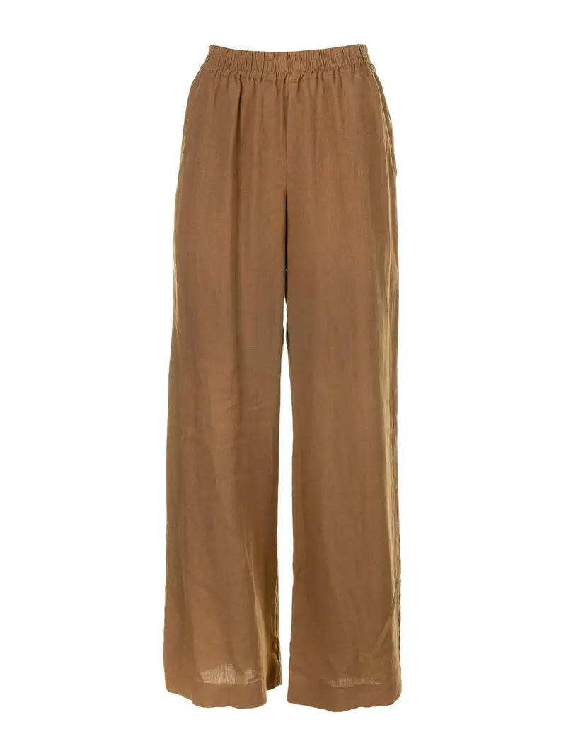 Pantalone A Vita Alta In Lino Marrone Chiaro