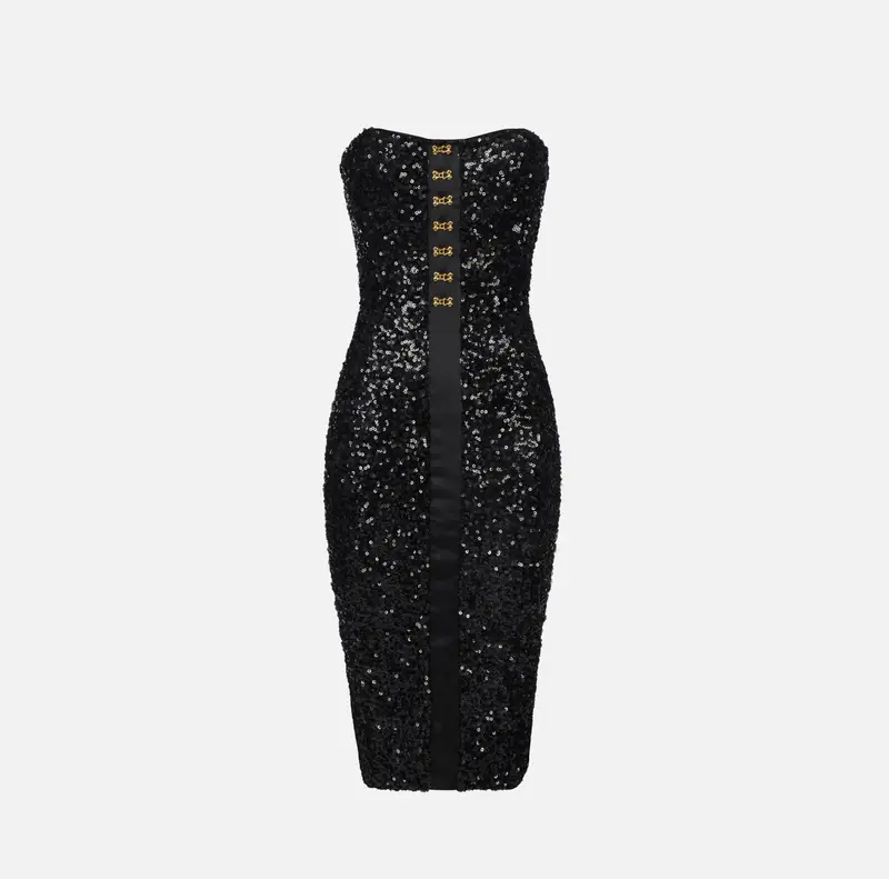 Abito bustier in paillettes con ganci gioiello