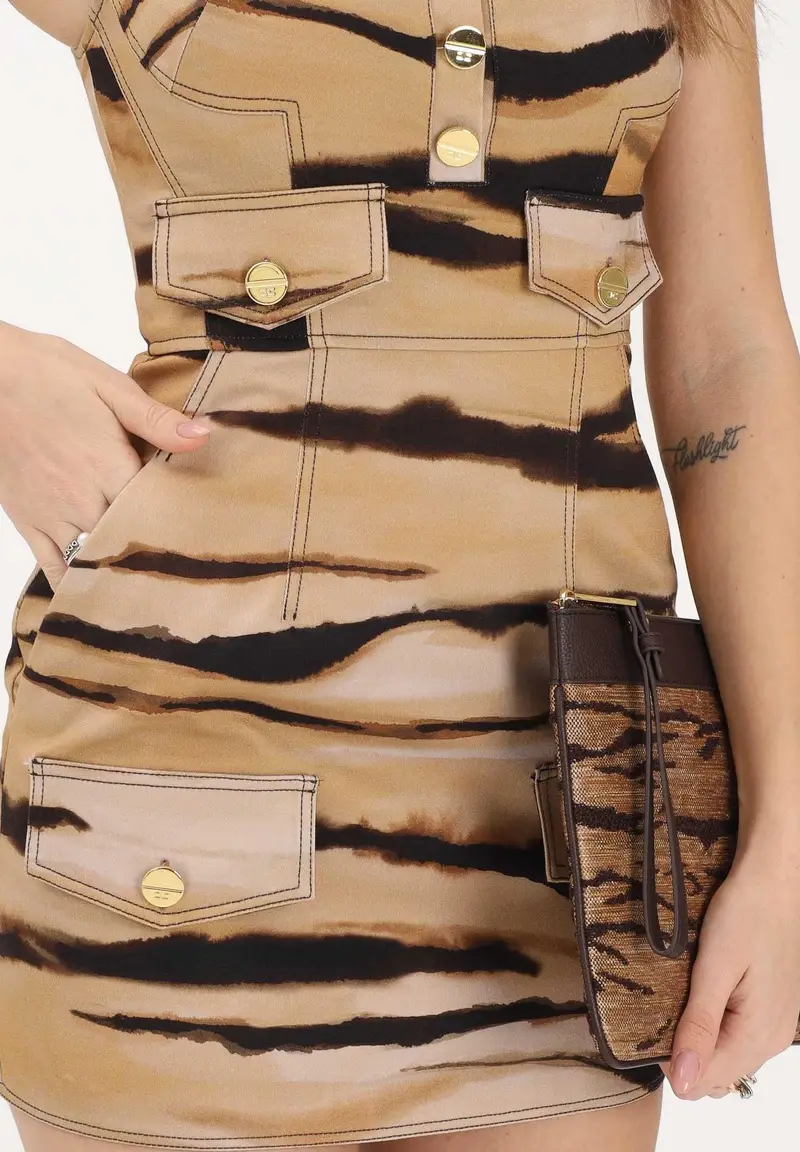 Abito corto beige da donna con stampa tigre miniatura 3