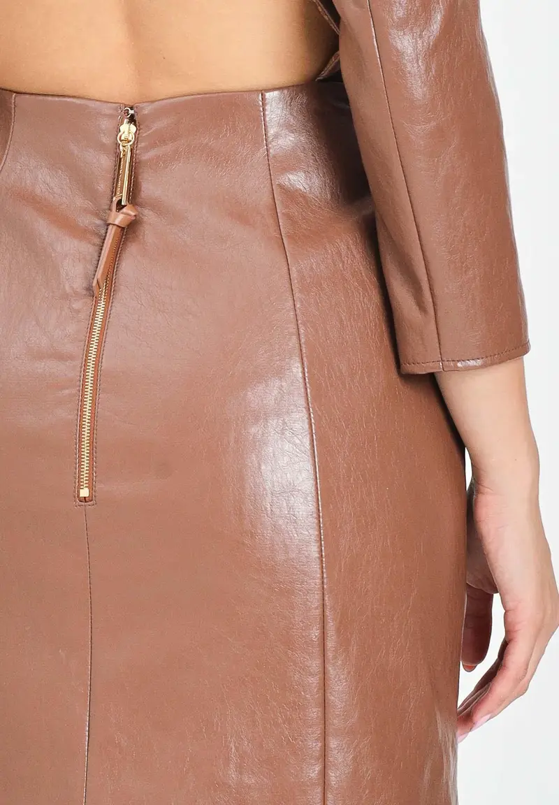 ELISABETTA FRANCHI Abito corto cammello da donna in craquelé con rever miniatura 2