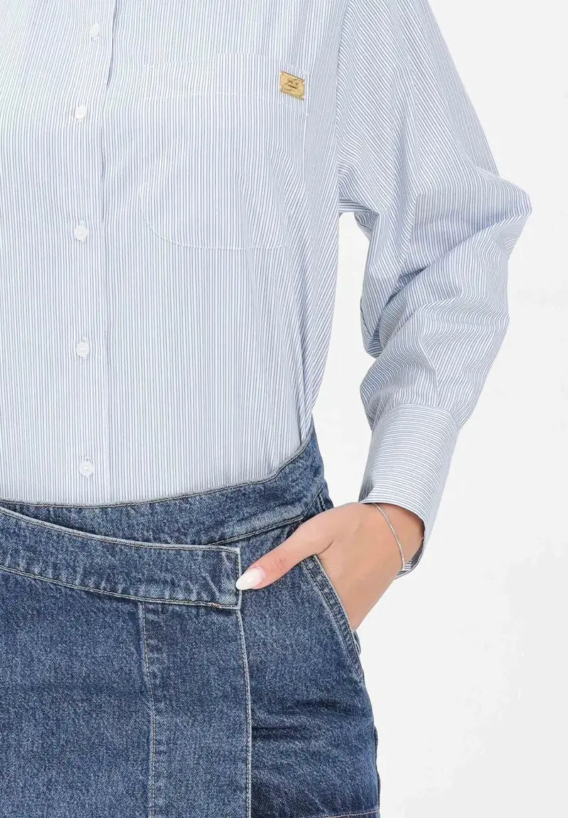 ELISABETTA FRANCHI Abito corto da donna composto da camicia a righe bianche e blu e minigonna in denim miniatura 2