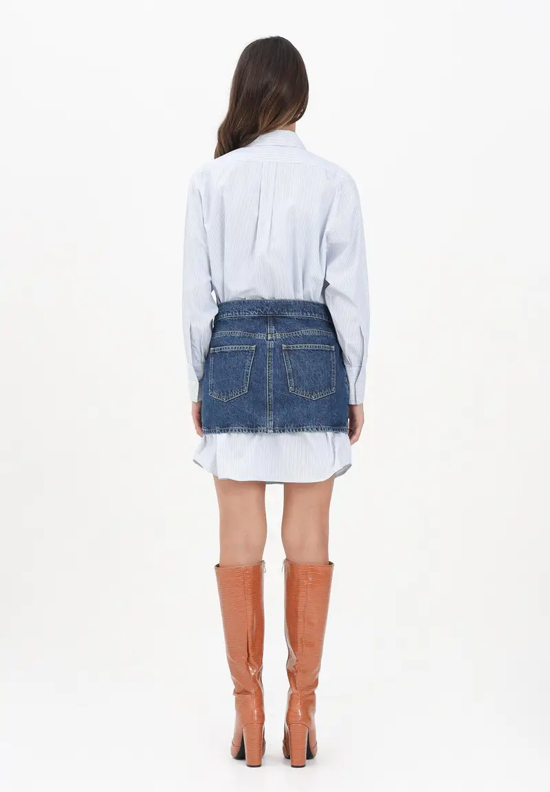 ELISABETTA FRANCHI Abito corto da donna composto da camicia a righe bianche e blu e minigonna in denim miniatura 3