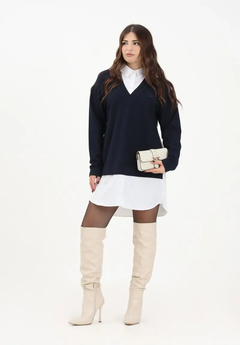 Abito corto da donna composto da camicia bianca e maglia blu miniatura 2