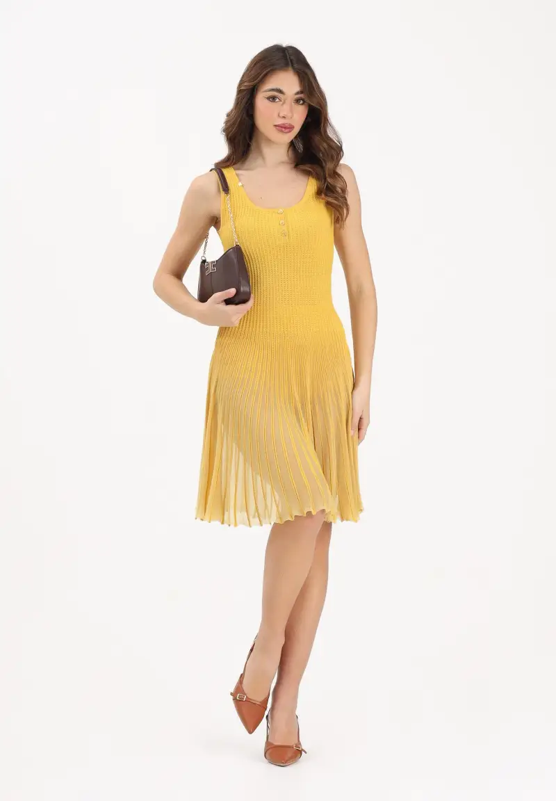 Abito corto giallo da donna in maglia à jour miniatura 2