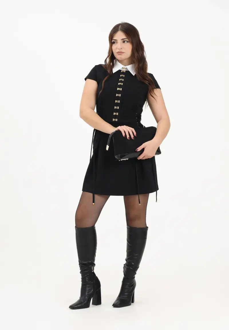 Abito corto nero da donna in raso e popeline con ganci gioiello miniatura 2