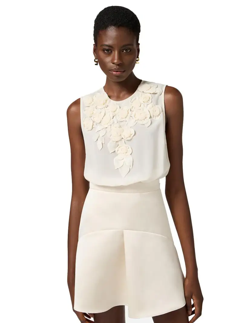 Abito in georgette e duchesse con rose ricamate Burro miniatura 3