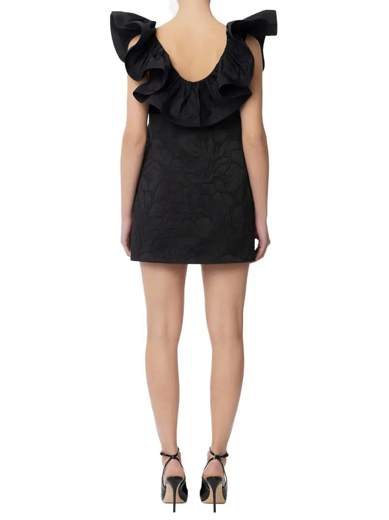 Abito in jacquard floreale con ruche Nero miniatura 3